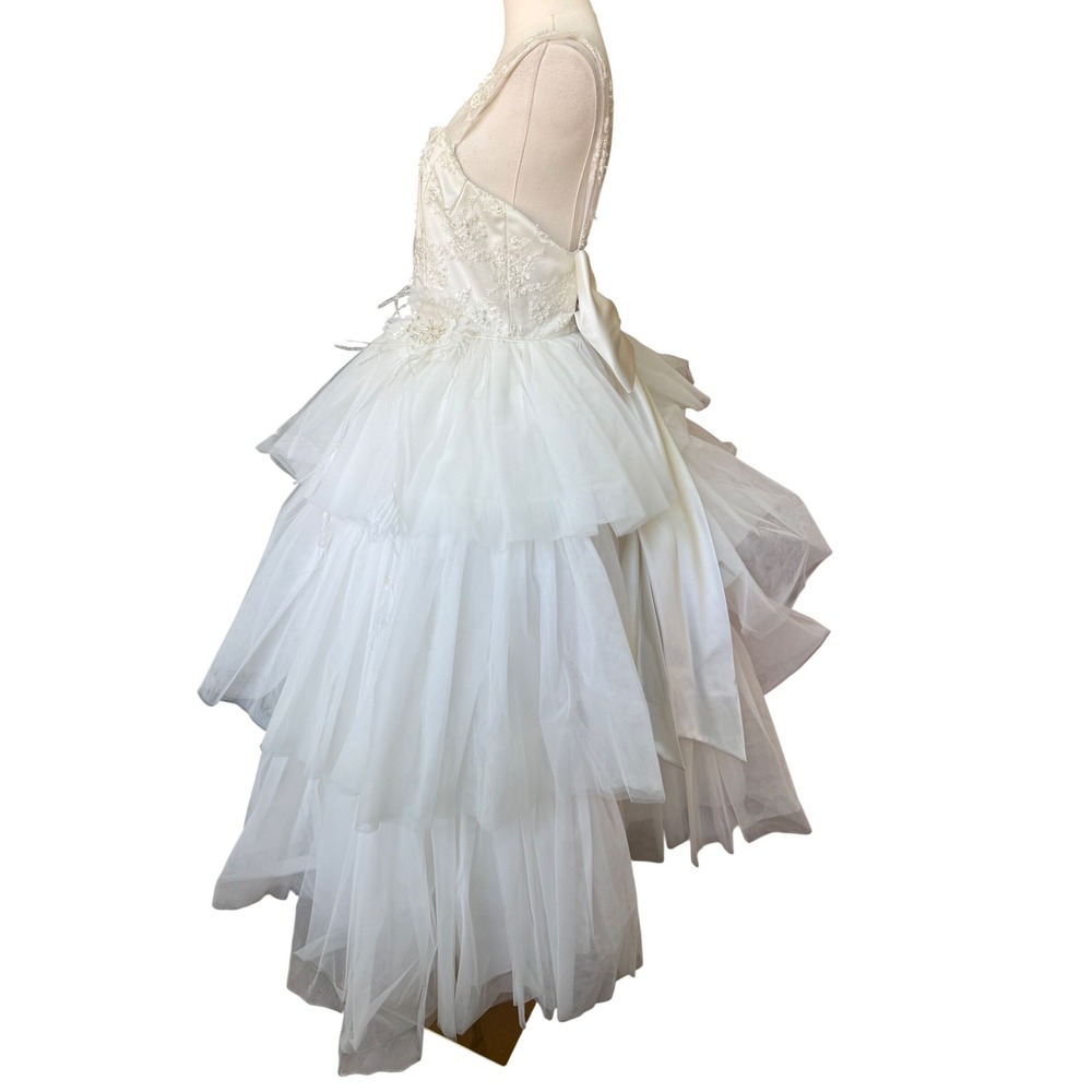 Vintage Tulle Beaded Tiered Ruffle A-Line Tea Length Wedding Dress Size 16 Bow - Picture 7 of 12